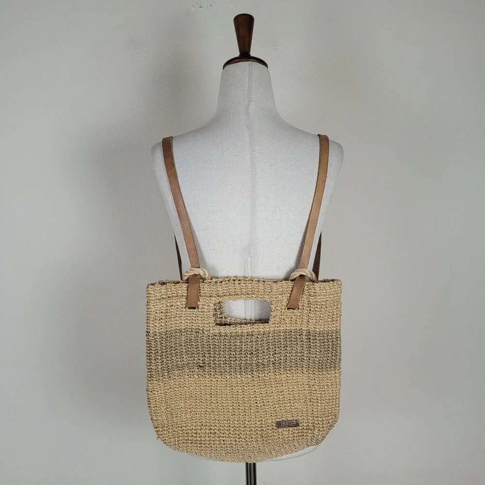 Vintage Esprit Backpack Tan Straw Raffia Woven Boho Leather Strap Beach 90s Y2K
